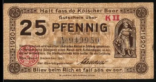 Notgeld Köln 1920, 25 Pfennig, Kriegerdenkmal und architektonische Gebäudeansicht