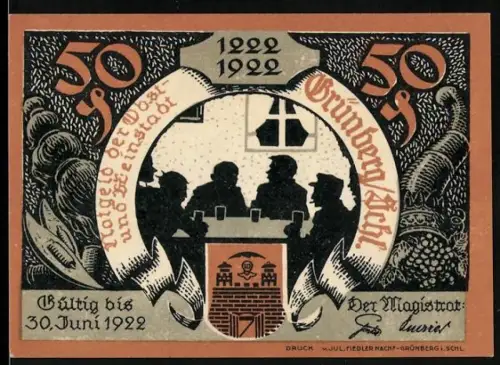 Notgeld Grünberg i. Schl. 1922, 50 Pfennig, Silhouette von Menschen am Tisch, Motiv der Hexenprozesse 1663-1665