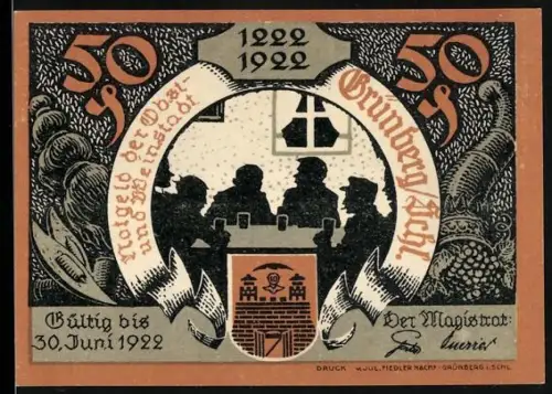Notgeld Grünberg i. Schl. 1922, 50 Pfennig, Stadtrat mit Schlüssel und historische Szene mit Friedrich d. Grossen