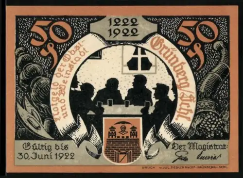 Notgeld Grünberg i. Schl. 1922, 50 Pfennig, Stadtszene und Einwanderung der Flamen und Franken