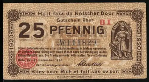 Notgeld Köln 1920, 25 Pfennig, Kölner Boor und historisches Gebäude