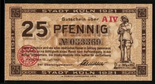 Notgeld Köln 1921, 25 Pfennig, Jan und Griet Abschied, Kölner Motiv mit J. v. Werth Statue