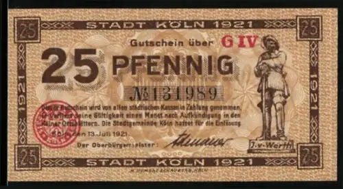 Notgeld Köln 1921, 25 Pfennig, Statue von Jan von Werth und Szene aus Jan un Griet