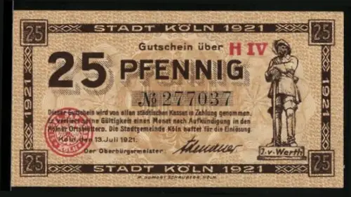 Notgeld Köln 1921, 25 Pfennig, Statue von Jan von Werth und Szene Jan un Griet