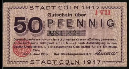 Notgeld Cöln 1917, 50 Pfennig, Ortsansicht mit historischem Gebäude