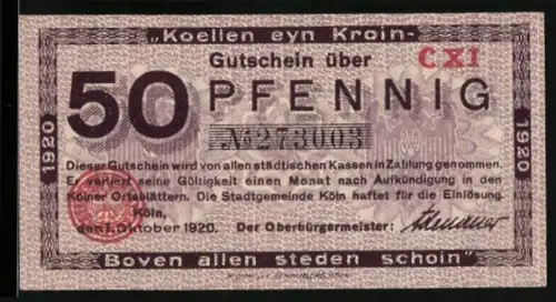 Notgeld Köln 1920, 50 Pfennig, Rathausansicht und Stadtwappen