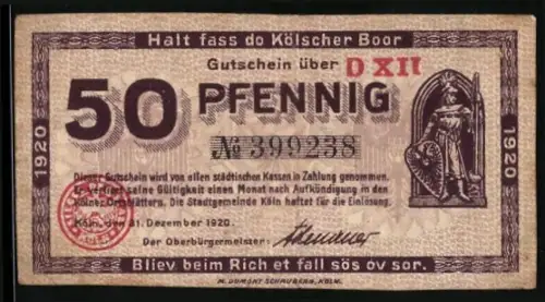 Notgeld Köln 1920, 50 Pfennig, Kölner Boor und Ortsansicht