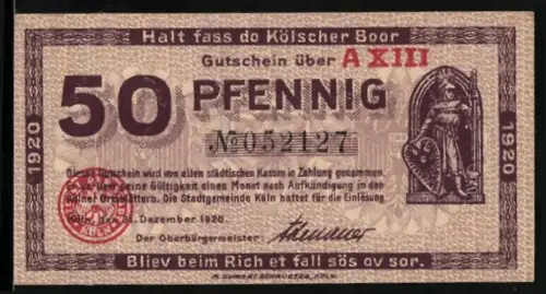 Notgeld Köln 1920, 50 Pfennig, Ritterfigur und historisches Gebäude