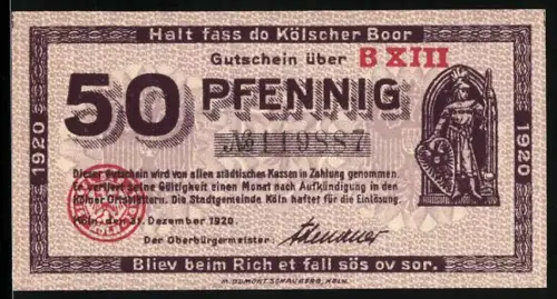 Notgeld Köln 1920, 50 Pfennig, Kölner Stadtsoldat und historisches Gebäude