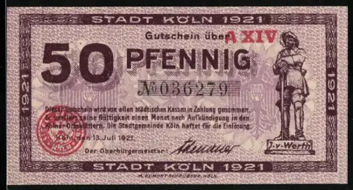 Notgeld Köln 1921, 50 Pfennig, Jan un Griet und J.v. Werth Statue