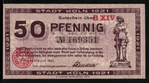 Notgeld Köln 1921, 50 Pfennig, Jan un Griet Darstellung und Statue von J. v. Werth