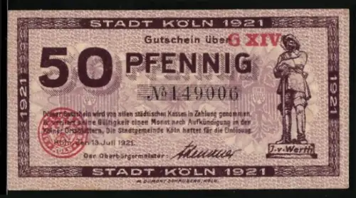 Notgeld Köln 1921, 50 Pfennig, Jan von Werth und Jan un Griet-Motiv