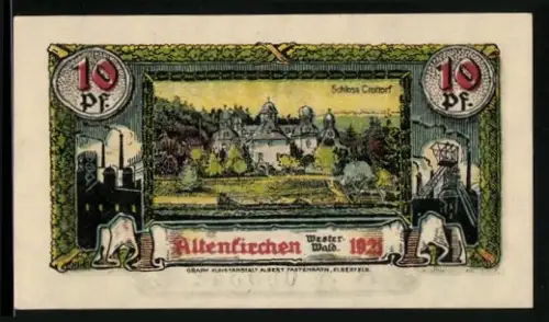 Notgeld Altenkirchen /Westerwald 1921, 10 Pfennig, Schloss Crottorf und Wappen mit Löwe