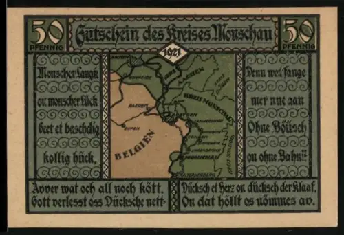 Notgeld Monschau 1921, 50 Pfennig, Karte der Region und historische Figur im Siegel