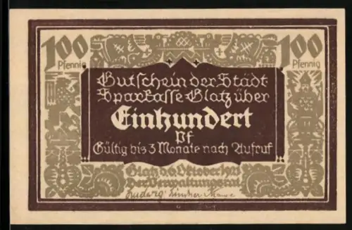 Notgeld Glatz 1921, 100 Pfennig, 100 Jahre Sparkasse mit Figuren und Wappen