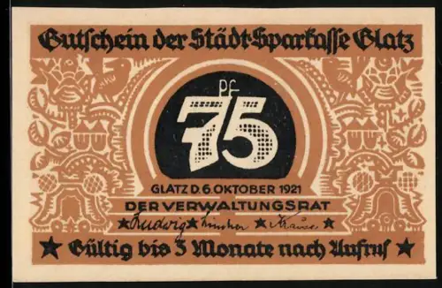 Notgeld Glatz 1921, 75 Pf, Jubiläum 100 Jahre Stadtsparkasse, Stadtansichten und Wappen