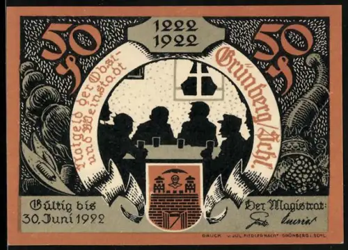 Notgeld Grünberg i. Schl. 1922, 50 Pfennig, Stadtszene und Schlacht im Lessener Walde 1478