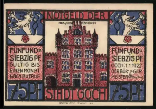 Notgeld Goch 1922, 75 Pf, Haus zu den Fünf Ringen, Wegweiser nach Holland und Goch