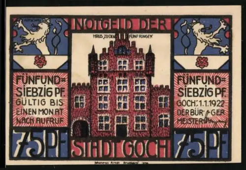 Notgeld Goch 1922, 75 Pf, Rathaus und Schmuggler an der Grenze zu Holland