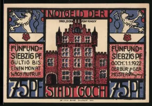 Notgeld Goch 1922, 75 Pf, Rathaus und Kaufhaus-Szene