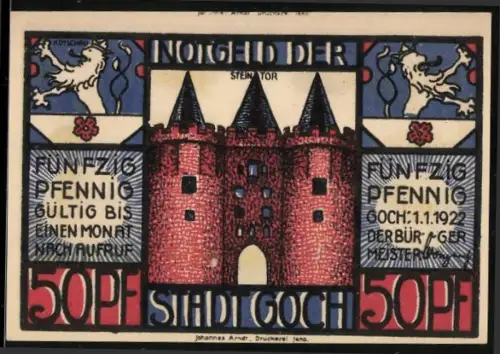 Notgeld Goch 1922, 50 Pfennig, Steintor und Schmuggler im Dickicht