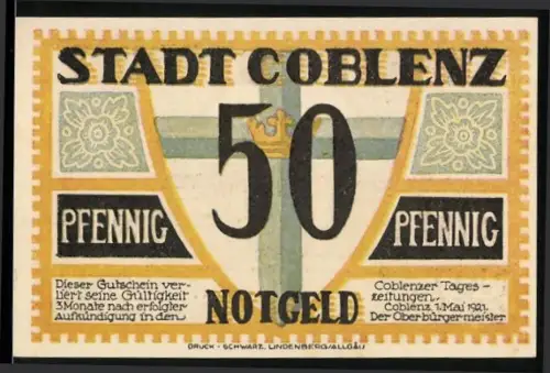 Notgeld Coblenz 1921, 50 Pfennig, Gebäude und Kreuzmotiv