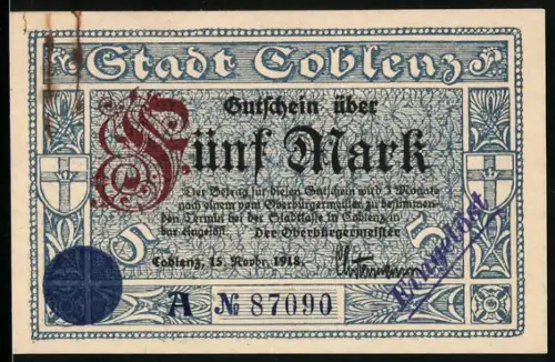 Notgeld Coblenz 1918, 5 Mark, zwei Männer am Tisch und florales Muster