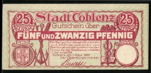Notgeld Coblenz 1920, 25 Pfennig, Stadtwappen und dekorative Ornamente
