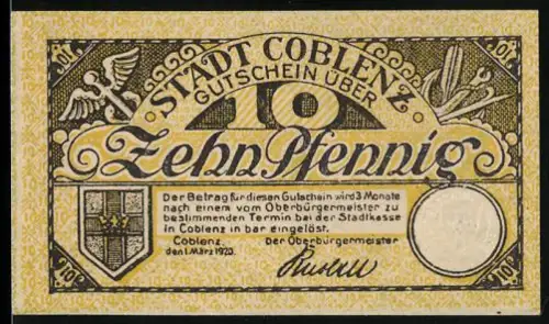 Notgeld Coblenz 1920, 10 Pfennig, Engel und Füllhorn, Wappen von Coblenz