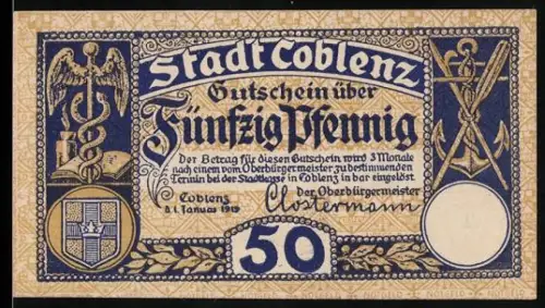 Notgeld Coblenz 1918, 50 Pfennig, Stadtwappen und Symbole der Medizin und Landwirtschaft