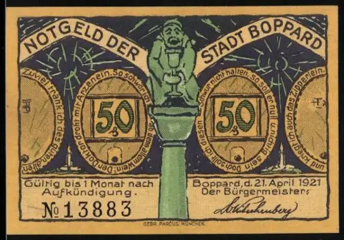 Notgeld Boppard 1921, 50 Pfennig, Brunnenfigur und Weinlese am Rhein