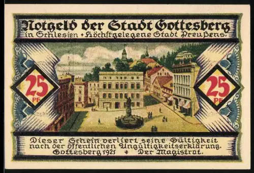 Notgeld Gottesberg 1921, 25 Pf, Ortsansicht und Wappen mit Bergbaumotiv