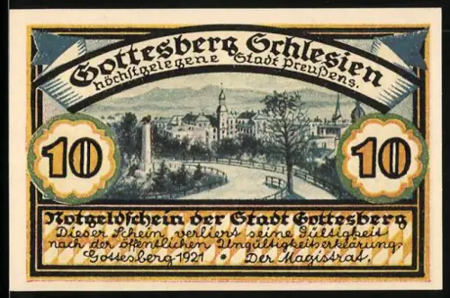 Notgeld Gottesberg /Schlesien 1921, 10 Pfennig, Ortsansicht und Bergmannsmotiv mit Glück auf!