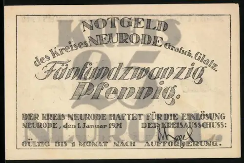 Notgeld Neurode /Glatz 1921, 25 Pfennig, Fabriklandschaft mit Schornsteinen und Spruch über Arbeit und Reichtum