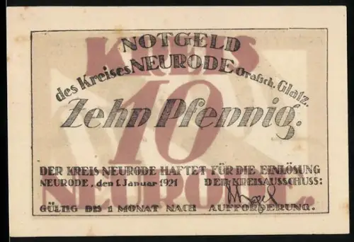 Notgeld Neurode /Glatz 1921, 10 Pfennig, Industrieanlage und Arbeiter im Bergbau