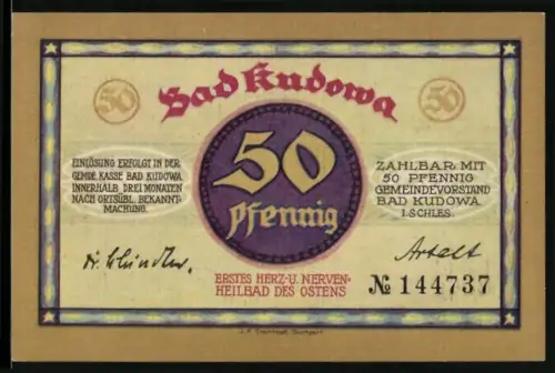 Notgeld Bad Kudowa i. Schl., 50 Pfennig, Kurpark mit Gebäude und Brunnen, Gesundheit ist Reichtum