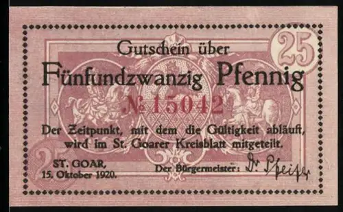 Notgeld St. Goar 1920, 25 Pfennig, Trinkbecher-Motiv und Aufschrift Perle des Mittelrheins