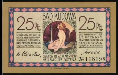 Notgeld Bad Kudowa i. Schl., 25 Pfennig, Nymphe und Kuraufenthalt des Generalfeldmarschalls
