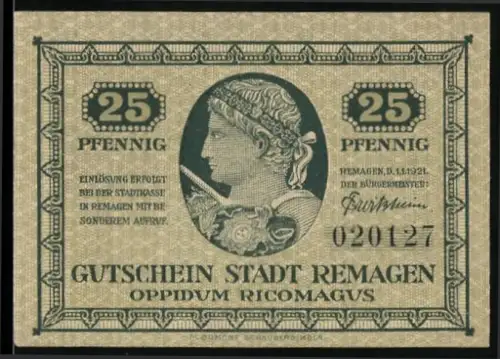 Notgeld Remagen 1921, 25 Pfennig, Römerkopf und Römertor