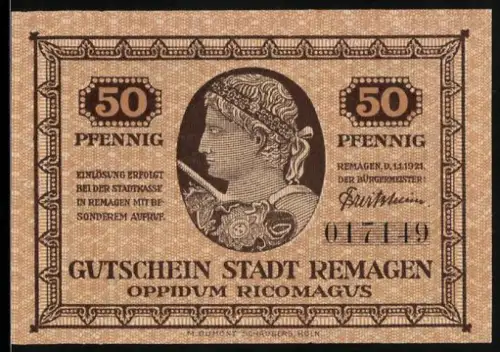 Notgeld Remagen 1921, 50 Pfennig, Kopf mit Lorbeerkranz und Römertor