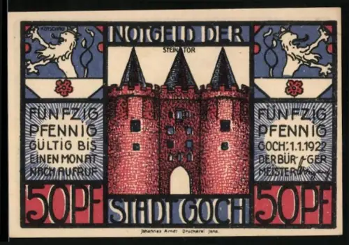 Notgeld Goch 1922, 50 Pfennig, Steintor und Karte des Westens mit verfluchtem Loch