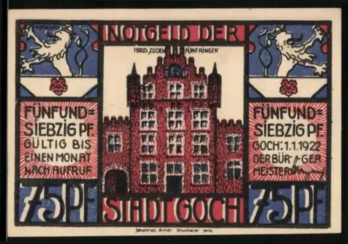 Notgeld Goch 1922, 75 Pf, Rathausansicht und holländische Reisende in Goch