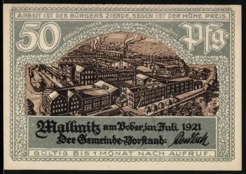 Notgeld Mallmitz am Bober 1921, 50 Pfennig, Industrielandschaft und Dampfschiff Die Möwe