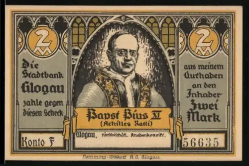 Notgeld Glogau 1922, 2 Mark, Papst Pius XI. und Peterskirche zu Rom