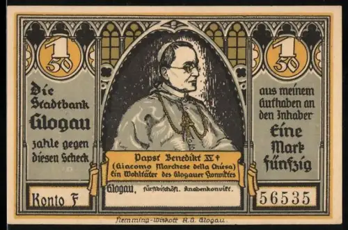 Notgeld Glogau 1922, 1.50 Mark, Papst Benedikt XV und Knabenkonvikt Gebäudeansicht
