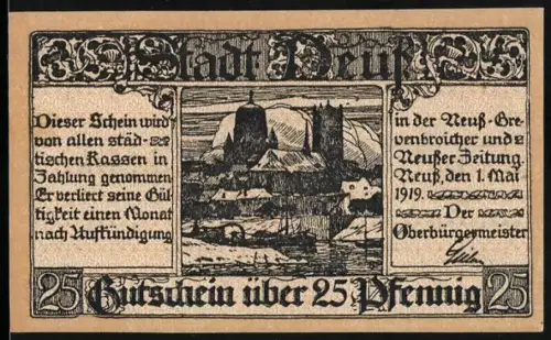 Notgeld Neuss 1919, 25 Pfennig, Ortsansicht mit Burg und Fluss, Wappen mit Krone