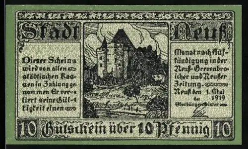 Notgeld Neuss 1919, 10 Pfennig, Burgansicht und Wappen