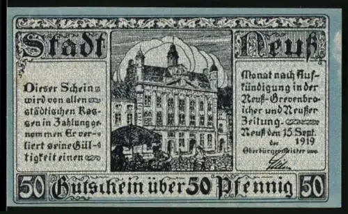 Notgeld Neuss 1919, 50 Pfennig, Rathaus und Wappen von Neuss