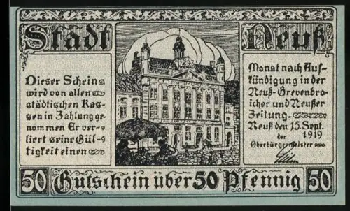 Notgeld Neuss 1919, 50 Pfennig, Rathaus und Wappen von Neuruppin