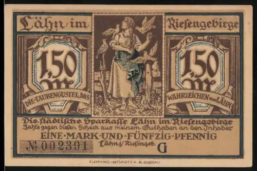 Notgeld Lähn i. Riesengebirge, 1.50 Mark, Berglandschaft und Frau mit Anker